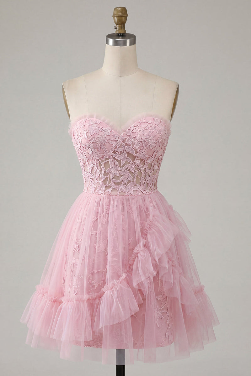 Laden Sie das Bild in den Galerie-Viewer, A-Linie Pink Sweetheart Blumen Kurzes Abendkleid mit Rüschen