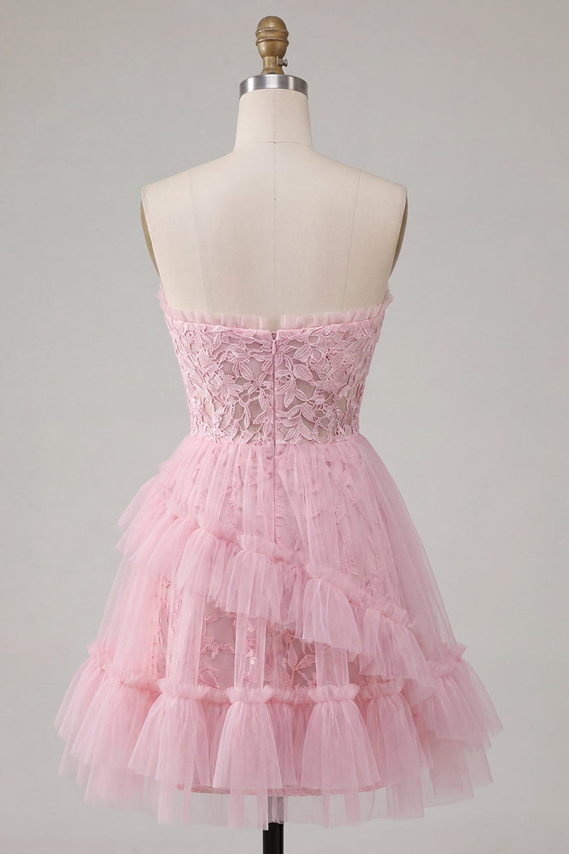 Laden Sie das Bild in den Galerie-Viewer, A-Linie Pink Sweetheart Blumen Kurzes Abendkleid mit Rüschen