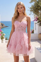 Laden Sie das Bild in den Galerie-Viewer, A-Linie Pink Sweetheart Blumen Kurzes Abendkleid mit Rüschen
