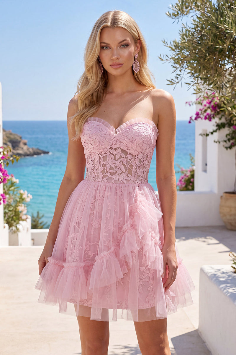 Laden Sie das Bild in den Galerie-Viewer, A-Linie Pink Sweetheart Blumen Kurzes Abendkleid mit Rüschen