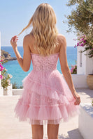 Laden Sie das Bild in den Galerie-Viewer, A-Linie Pink Sweetheart Blumen Kurzes Abendkleid mit Rüschen