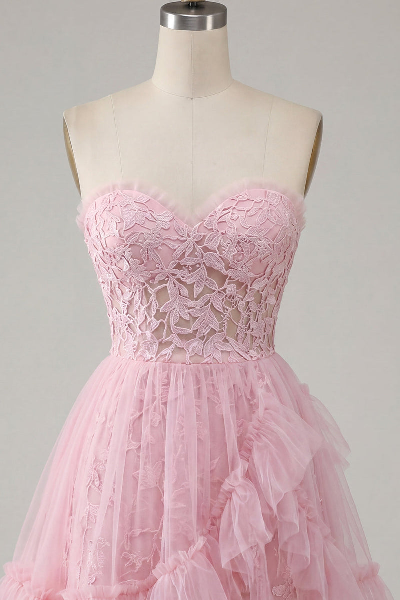 Laden Sie das Bild in den Galerie-Viewer, A-Linie Pink Sweetheart Blumen Kurzes Abendkleid mit Rüschen