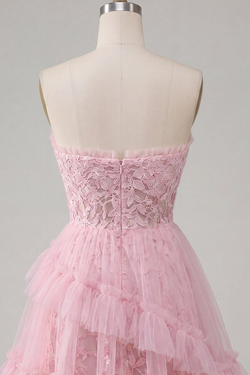 Laden Sie das Bild in den Galerie-Viewer, A-Linie Pink Sweetheart Blumen Kurzes Abendkleid mit Rüschen