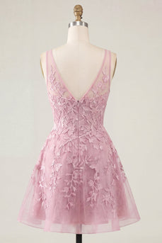 A-Linie Pinkes V-Ausschnitt Blumen Kurzes Abendkleid