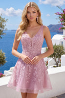 Laden Sie das Bild in den Galerie-Viewer, A-Linie Pinkes V-Ausschnitt Blumen Kurzes Abendkleid