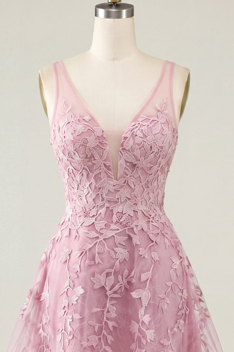 Laden Sie das Bild in den Galerie-Viewer, A-Linie Pinkes V-Ausschnitt Blumen Kurzes Abendkleid