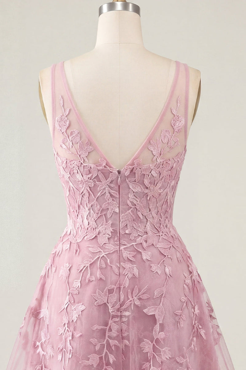 Laden Sie das Bild in den Galerie-Viewer, A-Linie Pinkes V-Ausschnitt Blumen Kurzes Abendkleid