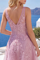 Laden Sie das Bild in den Galerie-Viewer, A-Linie Pinkes V-Ausschnitt Blumen Kurzes Abendkleid