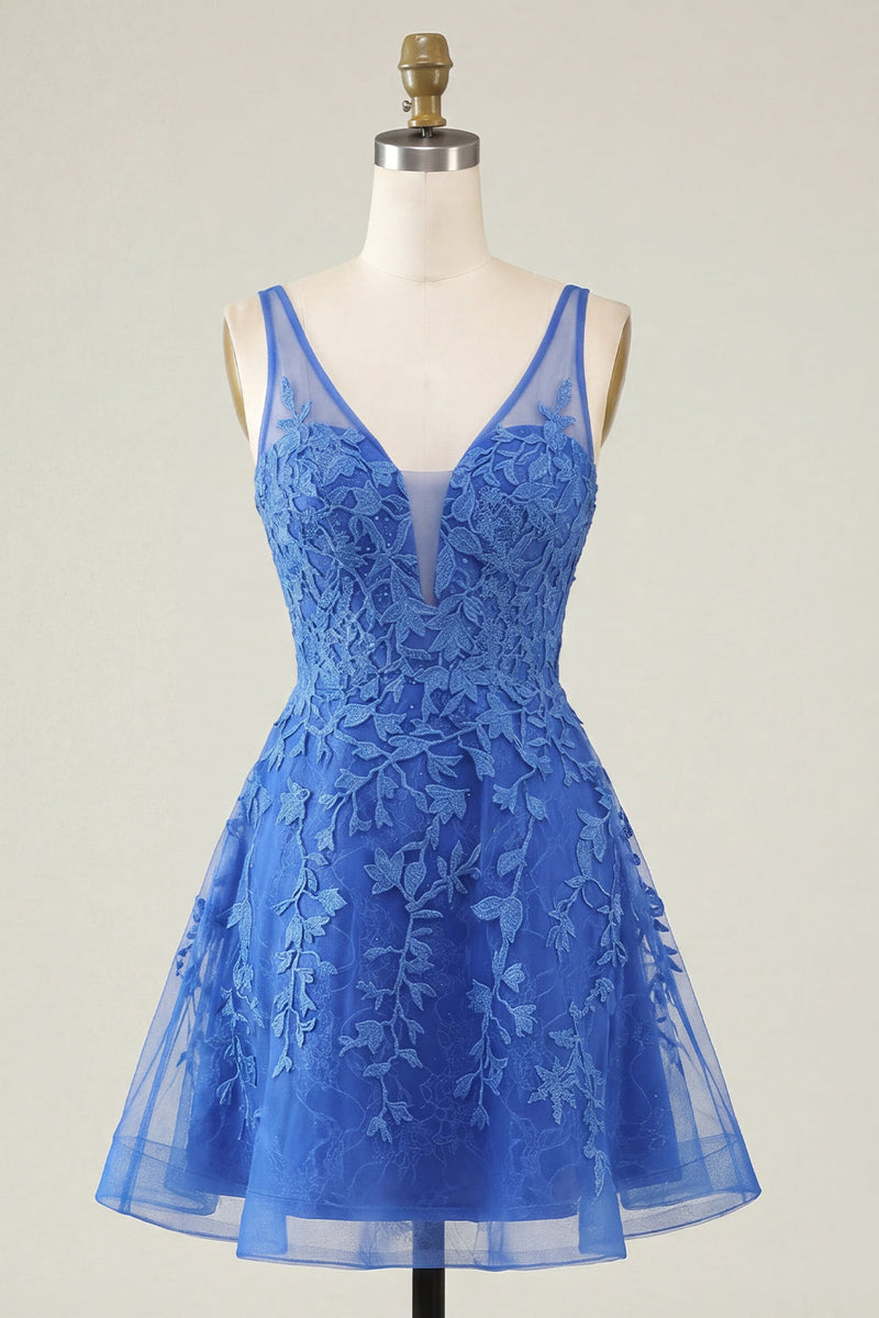 Laden Sie das Bild in den Galerie-Viewer, A-Linie Pinkes V-Ausschnitt Blumen Kurzes Abendkleid