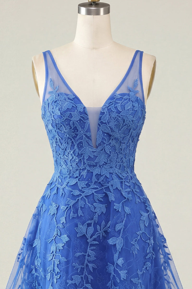 Laden Sie das Bild in den Galerie-Viewer, A-Linie Pinkes V-Ausschnitt Blumen Kurzes Abendkleid