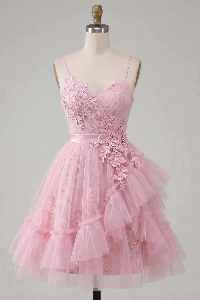Laden Sie das Bild in den Galerie-Viewer, A-Linie Pinkes Blumen Spaghettiträger Kurzes Abendkleid mit Rüschen