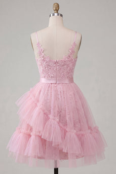 A-Linie Pinkes Blumen Spaghettiträger Kurzes Abendkleid mit Rüschen