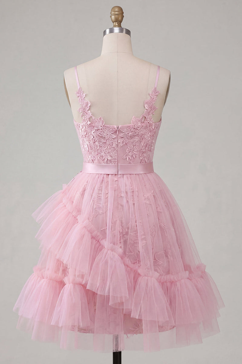Laden Sie das Bild in den Galerie-Viewer, A-Linie Pinkes Blumen Spaghettiträger Kurzes Abendkleid mit Rüschen