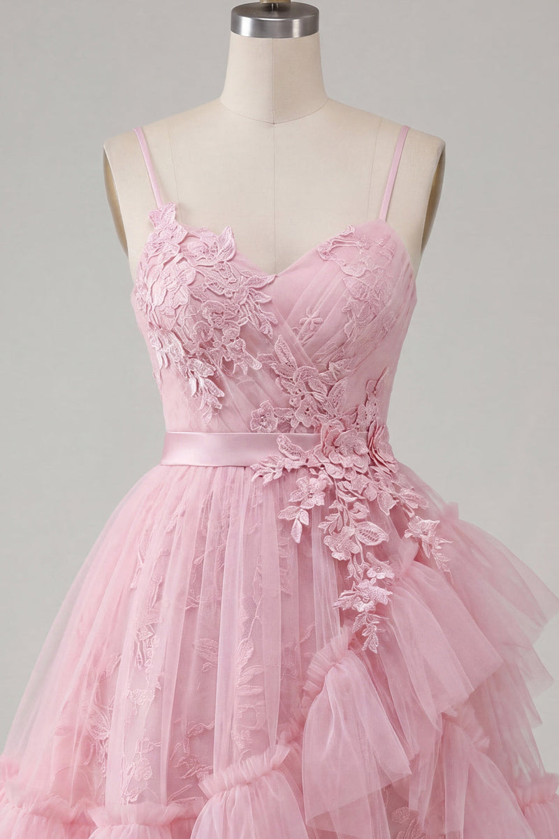 Laden Sie das Bild in den Galerie-Viewer, A-Linie Pinkes Blumen Spaghettiträger Kurzes Abendkleid mit Rüschen