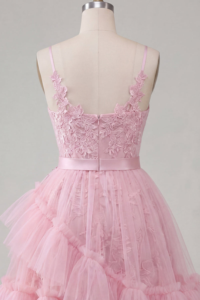Laden Sie das Bild in den Galerie-Viewer, A-Linie Pinkes Blumen Spaghettiträger Kurzes Abendkleid mit Rüschen
