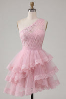 Laden Sie das Bild in den Galerie-Viewer, A-Linie Pinkes Einschulteriges Florales Kurzes Abendkleid mit Stufen