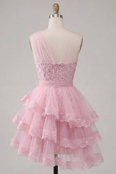 A-Linie Pinkes Einschulteriges Florales Kurzes Abendkleid mit Stufen