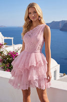 Laden Sie das Bild in den Galerie-Viewer, A-Linie Pinkes Einschulteriges Florales Kurzes Abendkleid mit Stufen