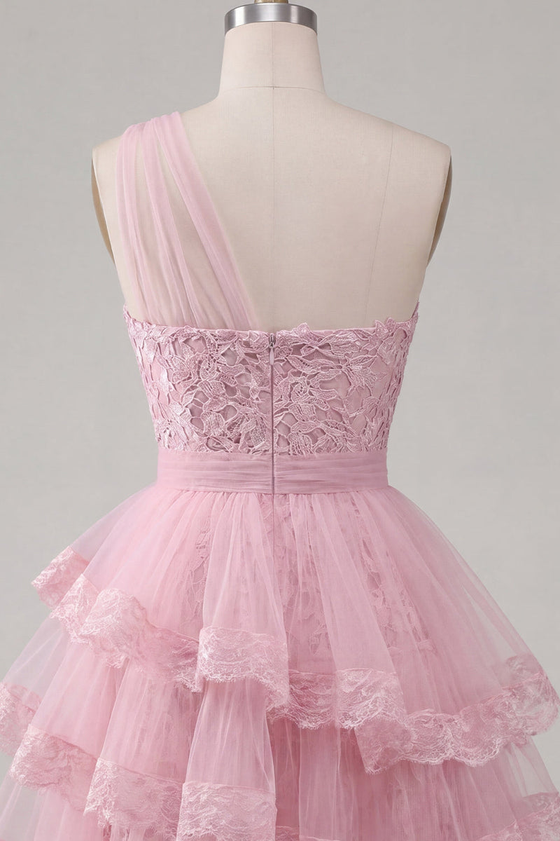 Laden Sie das Bild in den Galerie-Viewer, A-Linie Pinkes Einschulteriges Florales Kurzes Abendkleid mit Stufen