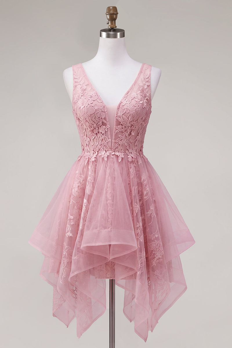 Laden Sie das Bild in den Galerie-Viewer, A-Linie Pinkes V-Ausschnitt Tüll Kurzes Abendkleid
