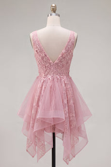 A-Linie Pinkes V-Ausschnitt Tüll Kurzes Abendkleid