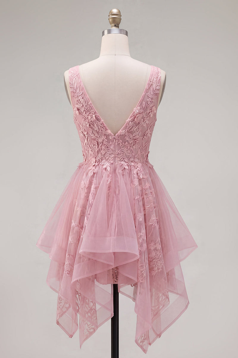 Laden Sie das Bild in den Galerie-Viewer, A-Linie Pinkes V-Ausschnitt Tüll Kurzes Abendkleid