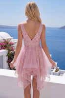 Laden Sie das Bild in den Galerie-Viewer, A-Linie Pinkes V-Ausschnitt Tüll Kurzes Abendkleid