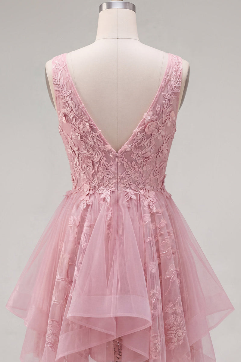 Laden Sie das Bild in den Galerie-Viewer, A-Linie Pinkes V-Ausschnitt Tüll Kurzes Abendkleid