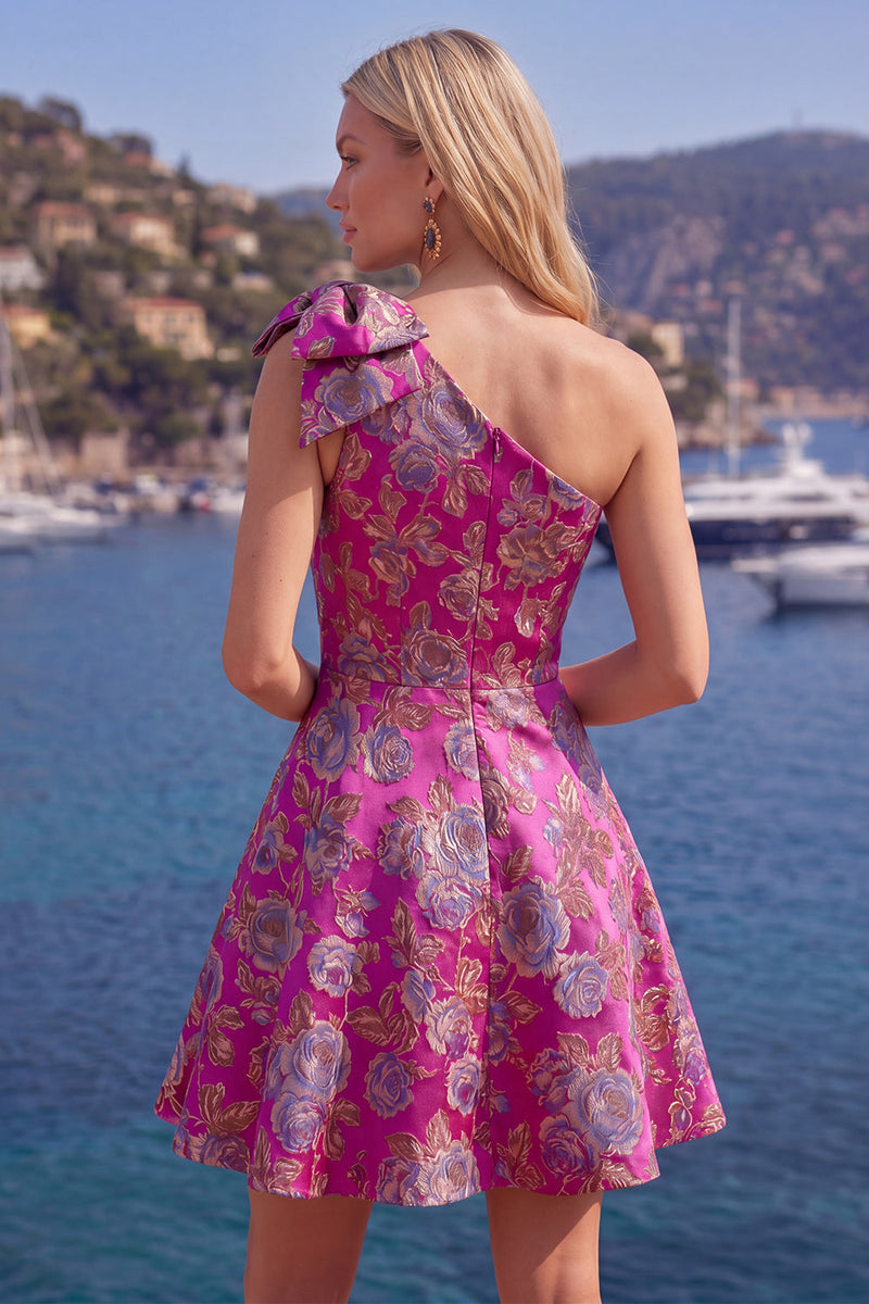 Laden Sie das Bild in den Galerie-Viewer, Blaues Einschulteriges Jacquard A-Linie Blumen Kurzes Abendkleid mit Schleife
