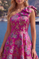 Laden Sie das Bild in den Galerie-Viewer, Blaues Einschulteriges Jacquard A-Linie Blumen Kurzes Abendkleid mit Schleife