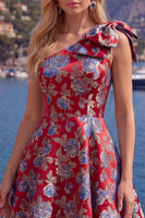 Laden Sie das Bild in den Galerie-Viewer, Blaues Einschulteriges Jacquard A-Linie Blumen Kurzes Abendkleid mit Schleife
