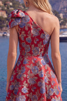 Laden Sie das Bild in den Galerie-Viewer, Blaues Einschulteriges Jacquard A-Linie Blumen Kurzes Abendkleid mit Schleife