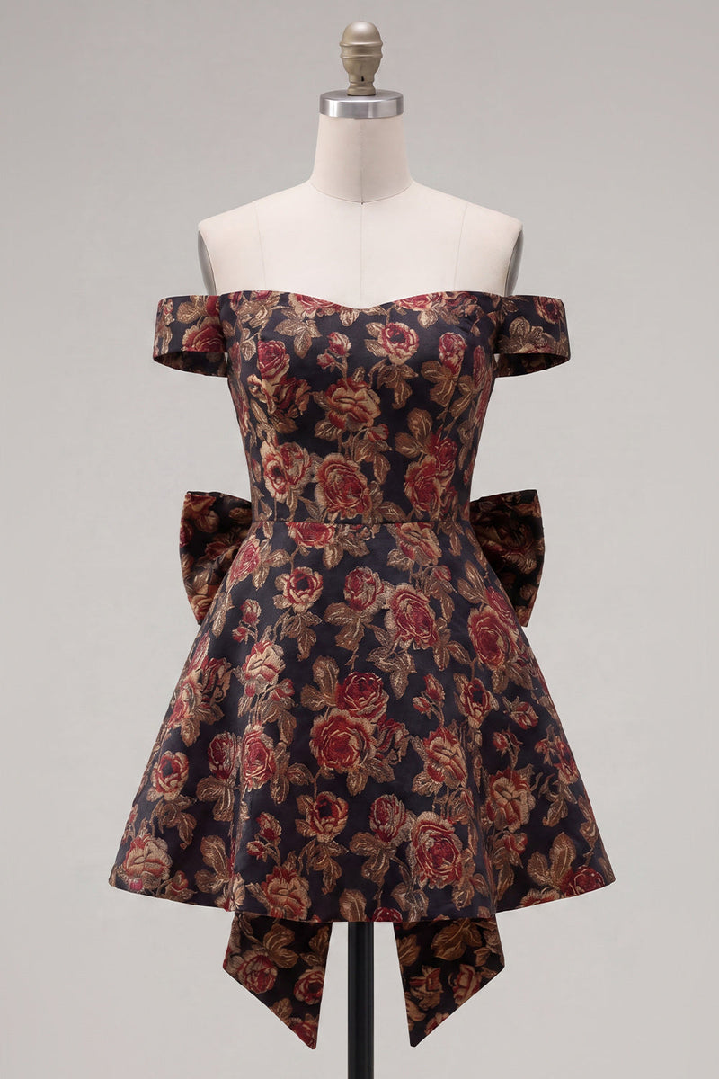 Laden Sie das Bild in den Galerie-Viewer, Off-the-shoulder Schwarzes Jacquard A-Linie Blumen Kurzes Abendkleid mit Schleife