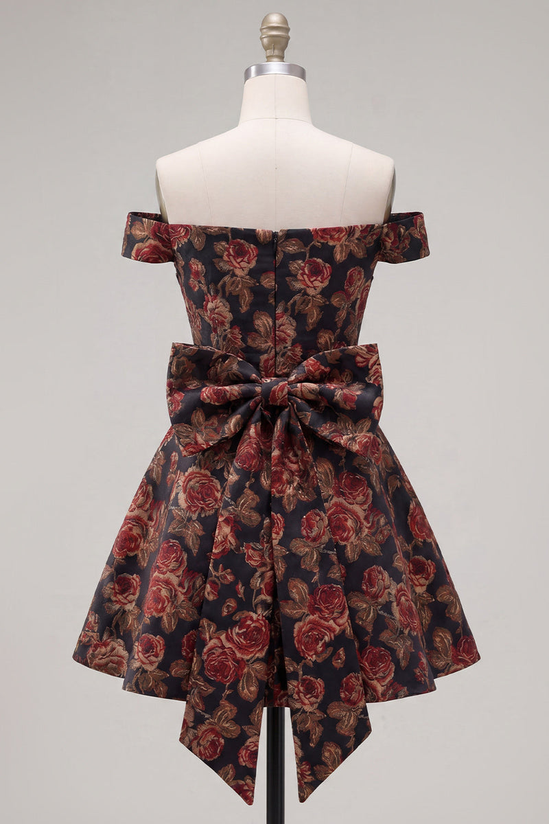 Laden Sie das Bild in den Galerie-Viewer, Off-the-shoulder Schwarzes Jacquard A-Linie Blumen Kurzes Abendkleid mit Schleife