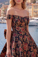 Laden Sie das Bild in den Galerie-Viewer, Off-the-shoulder Schwarzes Jacquard A-Linie Blumen Kurzes Abendkleid mit Schleife