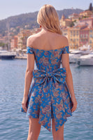 Laden Sie das Bild in den Galerie-Viewer, Off-the-shoulder Schwarzes Jacquard A-Linie Blumen Kurzes Abendkleid mit Schleife