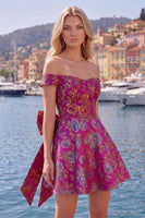 Laden Sie das Bild in den Galerie-Viewer, Off-the-shoulder Schwarzes Jacquard A-Linie Blumen Kurzes Abendkleid mit Schleife