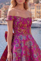 Laden Sie das Bild in den Galerie-Viewer, Off-the-shoulder Schwarzes Jacquard A-Linie Blumen Kurzes Abendkleid mit Schleife