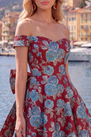 Laden Sie das Bild in den Galerie-Viewer, Off-the-shoulder Schwarzes Jacquard A-Linie Blumen Kurzes Abendkleid mit Schleife