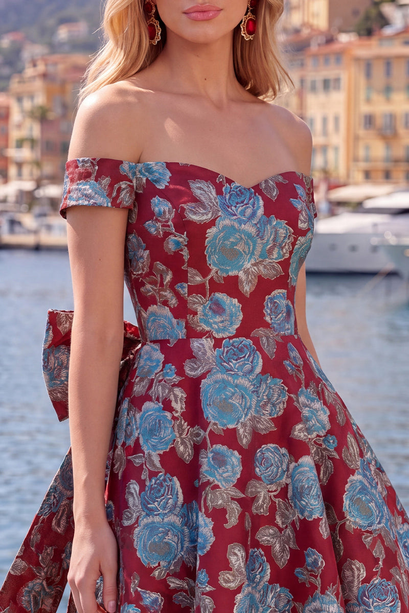Laden Sie das Bild in den Galerie-Viewer, Off-the-shoulder Schwarzes Jacquard A-Linie Blumen Kurzes Abendkleid mit Schleife