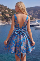 Laden Sie das Bild in den Galerie-Viewer, A-Linie Rotes V-Ausschnitt Jacquard Blumen Kurzes Abendkleid mit Schleife