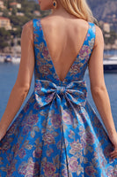 Laden Sie das Bild in den Galerie-Viewer, A-Linie Rotes V-Ausschnitt Jacquard Blumen Kurzes Abendkleid mit Schleife