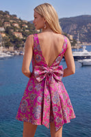 Laden Sie das Bild in den Galerie-Viewer, A-Linie Rotes V-Ausschnitt Jacquard Blumen Kurzes Abendkleid mit Schleife
