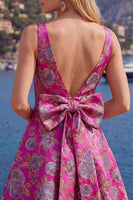 Laden Sie das Bild in den Galerie-Viewer, A-Linie Rotes V-Ausschnitt Jacquard Blumen Kurzes Abendkleid mit Schleife