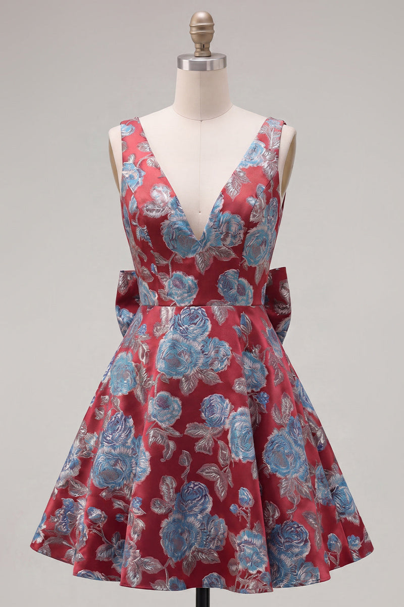 Laden Sie das Bild in den Galerie-Viewer, A-Linie Rotes V-Ausschnitt Jacquard Blumen Kurzes Abendkleid mit Schleife