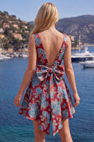Laden Sie das Bild in den Galerie-Viewer, A-Linie Rotes V-Ausschnitt Jacquard Blumen Kurzes Abendkleid mit Schleife