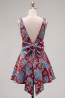 Laden Sie das Bild in den Galerie-Viewer, A-Linie Rotes V-Ausschnitt Jacquard Blumen Kurzes Abendkleid mit Schleife