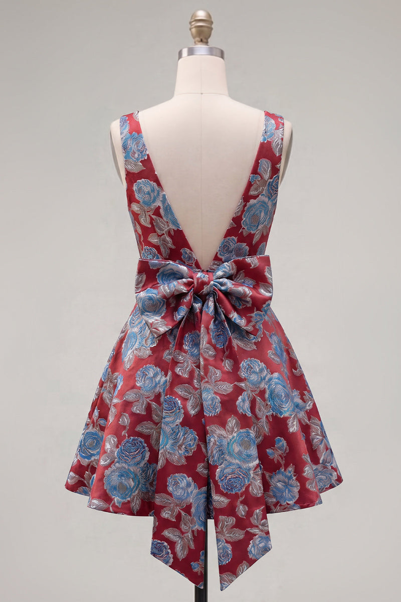 Laden Sie das Bild in den Galerie-Viewer, A-Linie Rotes V-Ausschnitt Jacquard Blumen Kurzes Abendkleid mit Schleife