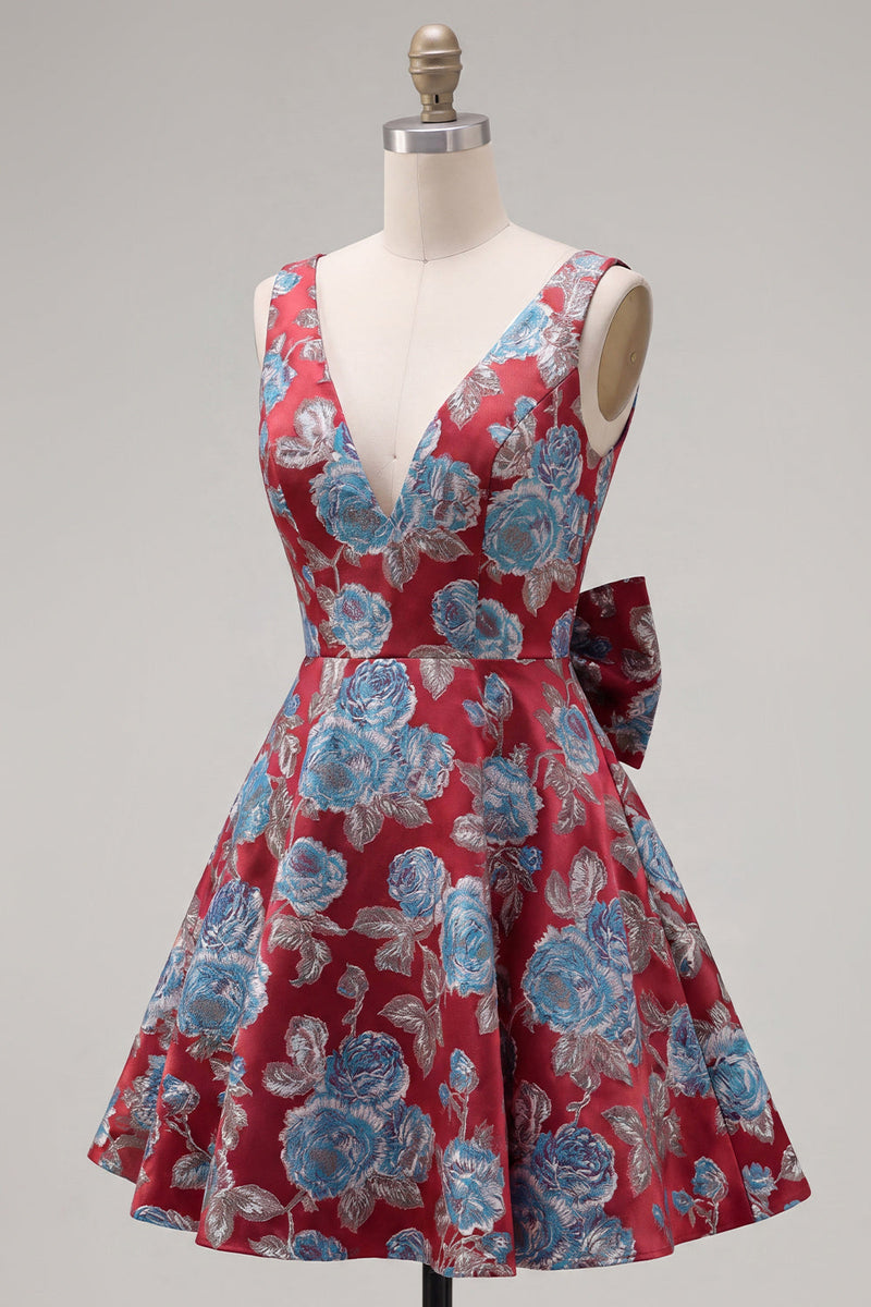 Laden Sie das Bild in den Galerie-Viewer, A-Linie Rotes V-Ausschnitt Jacquard Blumen Kurzes Abendkleid mit Schleife