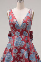 Laden Sie das Bild in den Galerie-Viewer, A-Linie Rotes V-Ausschnitt Jacquard Blumen Kurzes Abendkleid mit Schleife